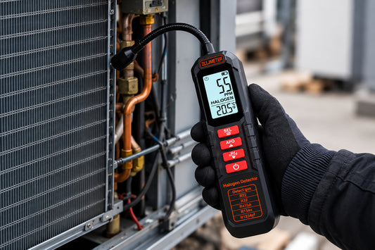 Heartvise Halogen Leak Detector, checking a refrigerant line on an HVAC unit