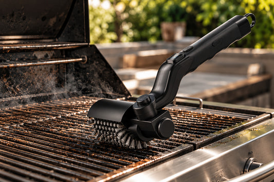 Heartvise Electric Grill Cleaning Brush cleaning a hot grill grate
