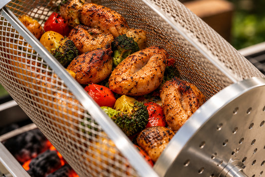 Heartvise Rotating Grill Basket, close-up of grilled food inside
