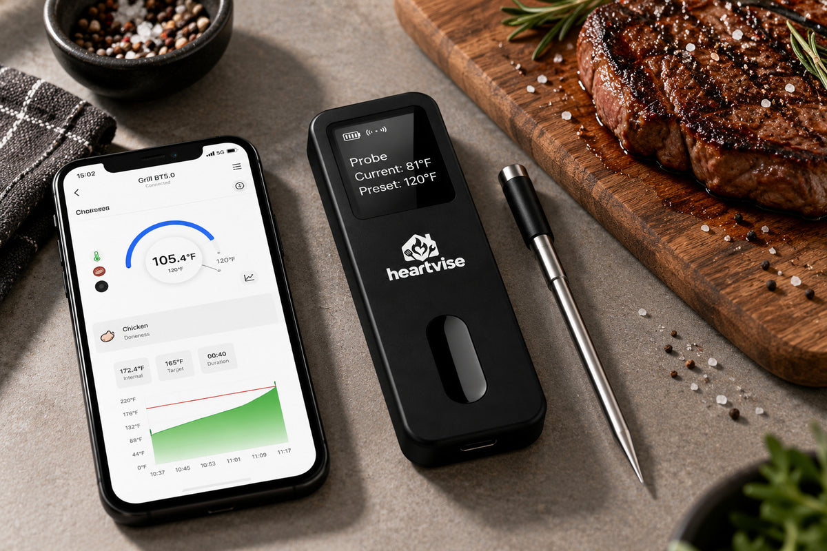 Heartvise Wireless Meat Thermometer used with steak